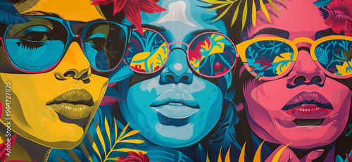 Three different, multiethnic feminine women heads and faces in a vibrant and colorful graffiti mural artwork wearing sunglasses, surrounded by exotic tropical leaves and flowers.