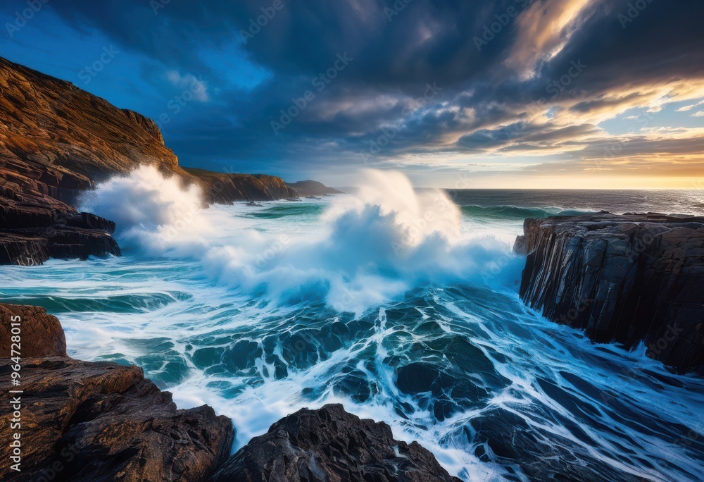Fototapeta premium dynamic ocean waves crashing powerfully rugged rocky shoreline creating dramatic sea spray vibrant blue water contrast, landscape, coast, marine, foam, texture