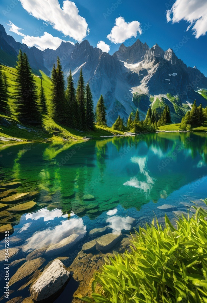 Fototapeta premium majestic alpine peaks mirrored tranquil lake crystal clear waters lush surroundings, mountain, reflection, nature, scenery, landscape, beauty, wilderness