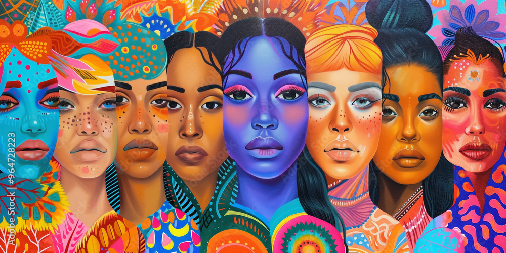 Obraz premium Various faces of feminine women from many different ethnicity creating an atmosphere of purity and balance that radiates positivity and diversity. Filled with a stack of mixed bright colors.