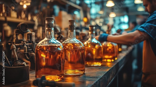  Bottles of amber whiskey lined up in a distillery, glowing under warm light, showcasing the careful process of bottling and labeling.