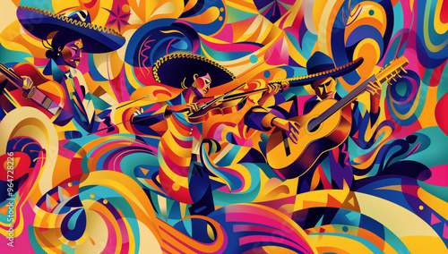 Three Mexican mariachi musicians playing their Hispanic instruments wearing sombrero hat. Vivid digital artwork of a Latino music band preforming Latin american music with Spanish singing in mexico.