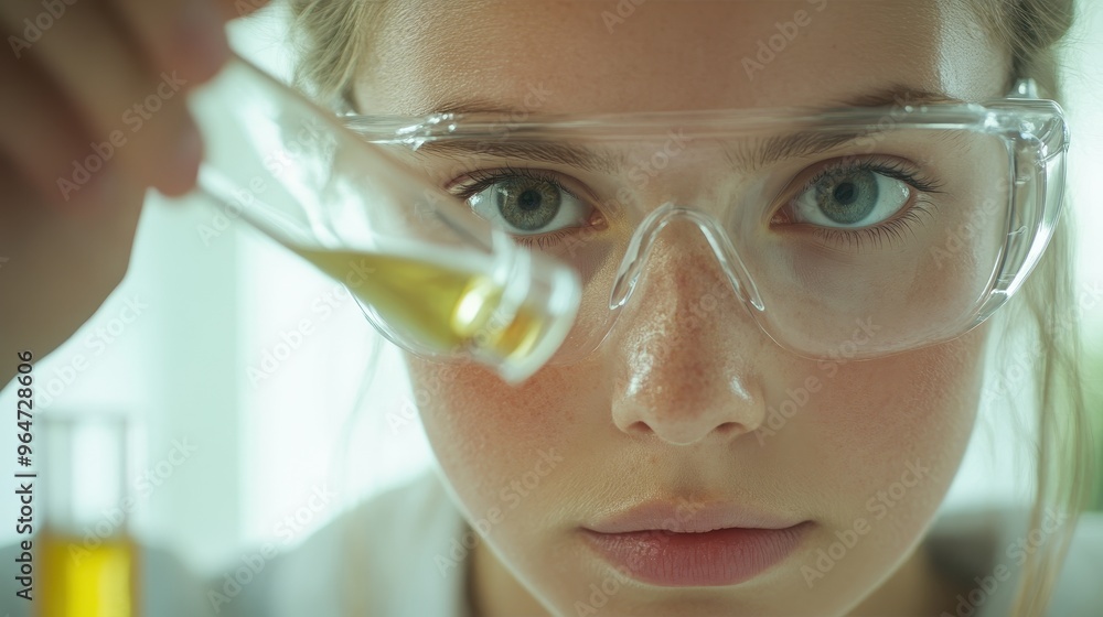A woman wearing safety goggles is holding a test tube with a yellow liquid in it A woman wearing safety goggles is holding a test tube with a yellow liquid in it