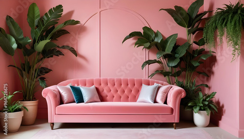 Wallpaper Mural A pink sofa in a minimalist, elegant room with arched wall panels and sconce lighting Torontodigital.ca