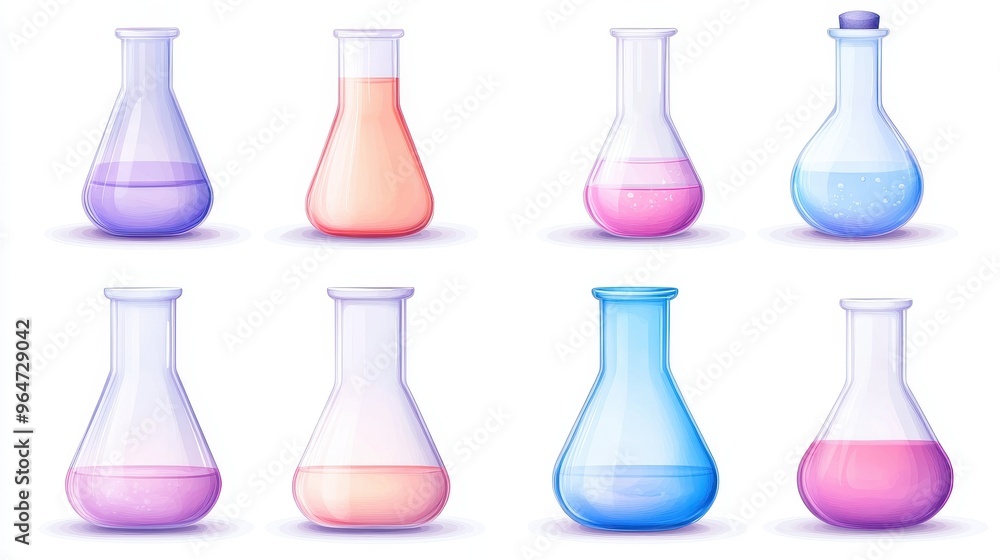 A set of six glass beakers, each with a different color A set of six glass beakers, each with a different color