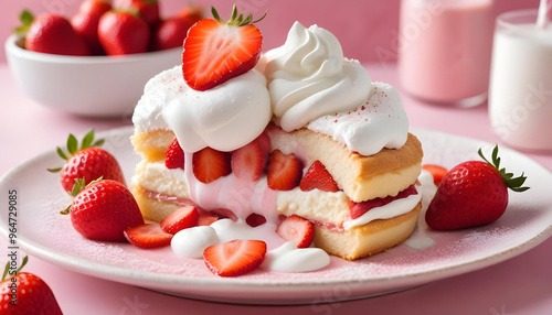 A plate with a layered strawberry shortcake dessert, featuring fresh ripe red strawberries, whipped cream, and a dusting of powdered sugar