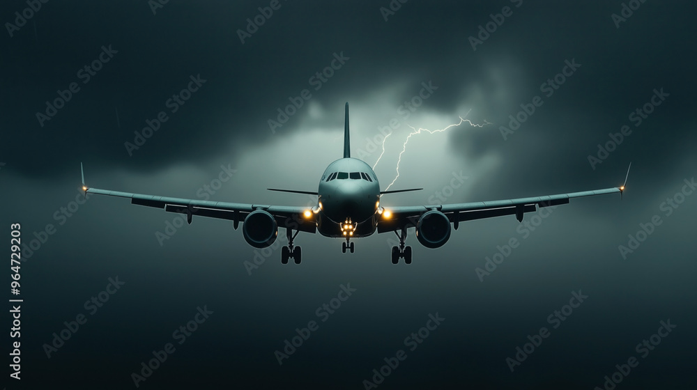 A commercial airplane approaches, flying directly towards the camera against a dark stormy sky with visible lightning in the background. The aircraft's lights shine brightly. A commercial airplane approaches, flying directly towards the camera against a dark stormy sky with visible lightning in the background. The aircraft's lights shine brightly.