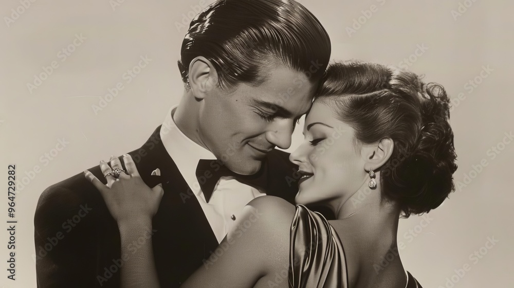 Fototapeta premium vintage couple in passionate embrace slickedback sophistication evening gown romance