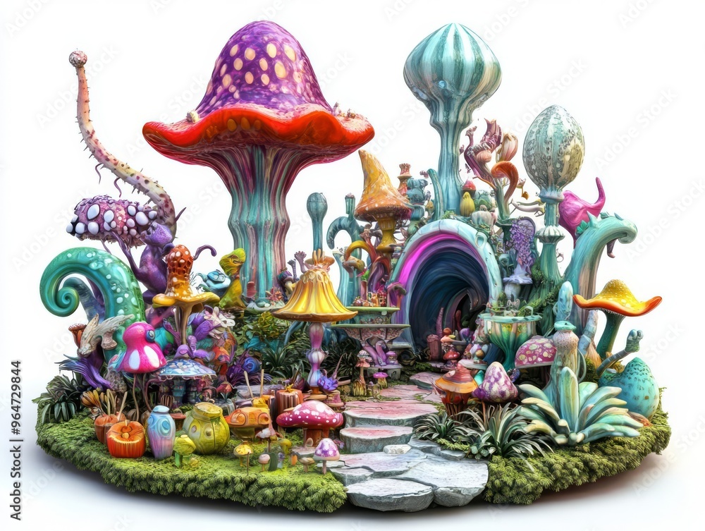 Fantasy mushroom village with whimsical plants and vibrant colors, perfect for a magical and imaginative scene. Fantasy mushroom village with whimsical plants and vibrant colors, perfect for a magical and imaginative scene.