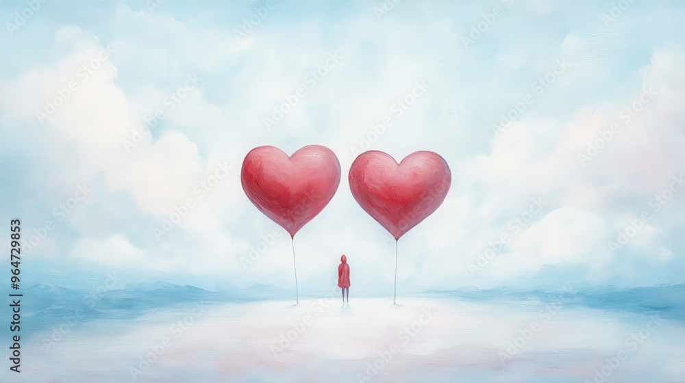 A painting of two red hearts with a woman in the background A painting of two red hearts with a woman in the background