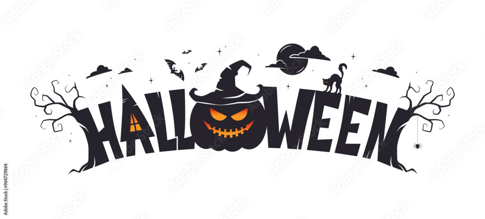 Obraz premium Happy Halloween. Autumn holiday. Scary pumpkin. October party. Text font. Trick or treat banner with word type. Spooky poster with black silhouettes. Witch cat and bat. Vector background