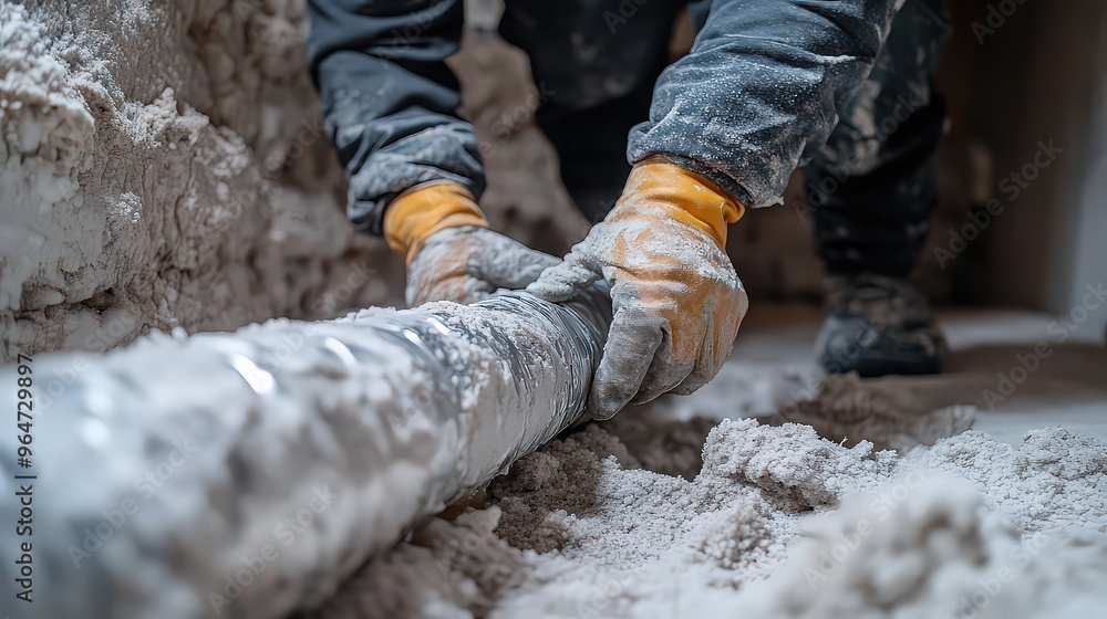 Worker repairs pipe in dusty environment, carefully restoring infrastructure to ensure safe and functional plumbing system. Worker repairs pipe in dusty environment, carefully restoring infrastructure to ensure safe and functional plumbing system.
