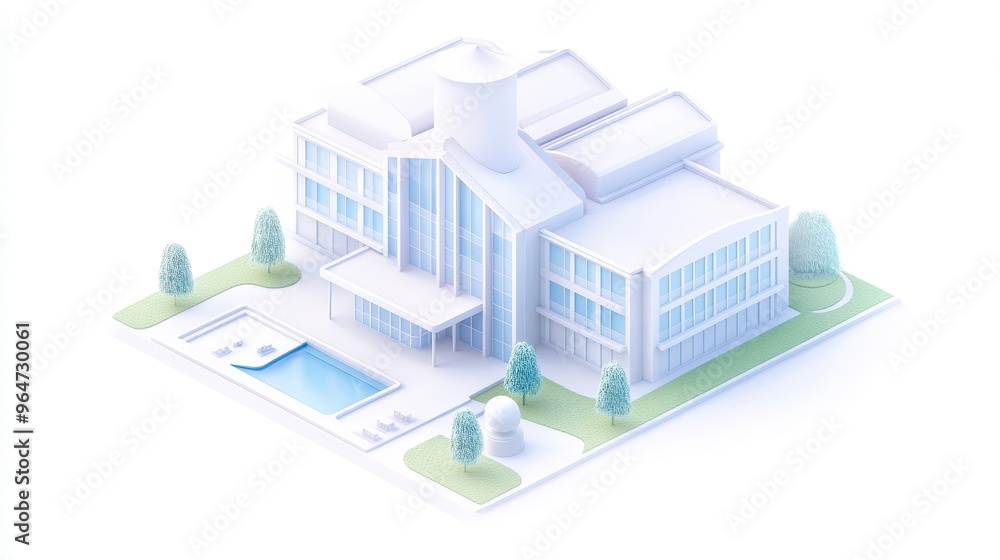 A white building with a pool and a large glass window A white building with a pool and a large glass window