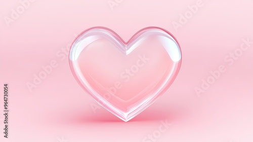 A heart made of clear glass sits on a pink background