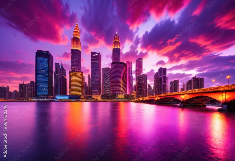Fototapeta premium vibrant city skyline dusk empty tranquility showcasing colorful lights reflective surfaces, cityscape, colors, reflection, buildings, architecture, horizon
