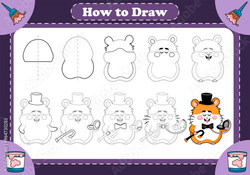 Step-by-step guide how to draw hamster gentleman gazing at pocket watch