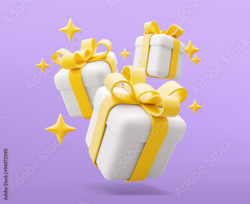 3D Vector illustration gift box. Christmas, new year, sale, shopping. Present box with bows ribbons. Giftbox for valentine, birthday, holiday. 