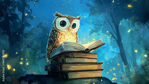 Owl Sitting On Stack Of Books Reading Fairy Tales Against Background Of Night Forest With Fireflies Watercolor Illustration For Childrens Book Adorable Enchanted Forest Fireflies