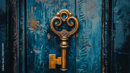 Wallpaper Mural An old, intricately designed key resting on a textured stone surface illuminated by soft golden light during dusk Torontodigital.ca