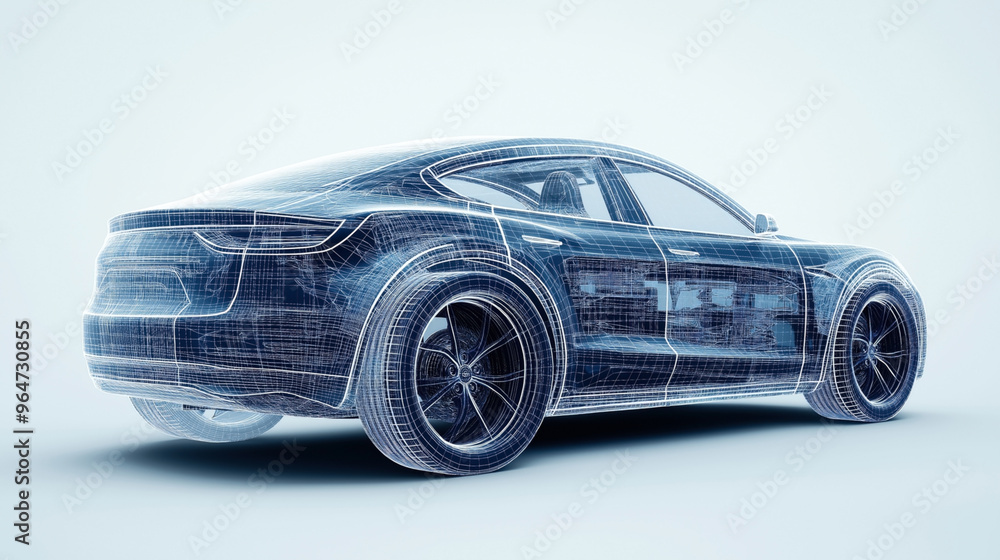 Fototapeta premium Conceptual digital rendering of an electric car with transparent wireframe overlay, showing internal components and design details, presented in a side-rear view.