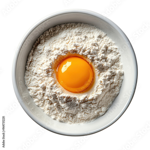 A fresh egg yolk nestled in a mound of flour, perfect for baking, cooking, and culinary creativity.