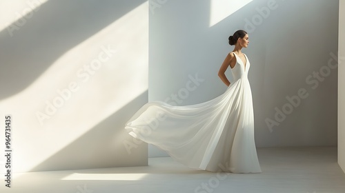 Elegant Woman in a Flowing White Dress: A woman in a flowing white dress standing in a minimalist room, with soft natural light. 
