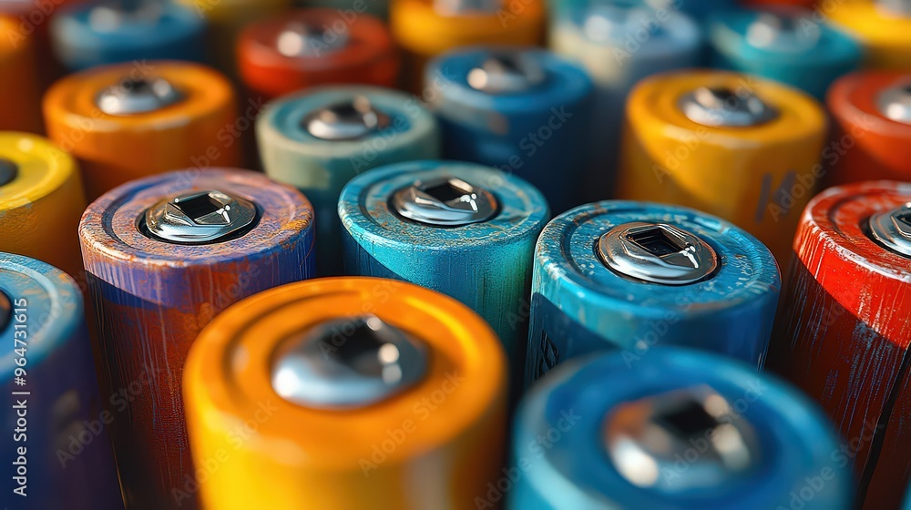 Close-up of colorful batteries arranged in rows, highlighting their tops. The image conveys energy storage and renewable energy themes with vibrant, mixed colors. Close-up of colorful batteries arranged in rows, highlighting their tops. The image conveys energy storage and renewable energy themes with vibrant, mixed colors.