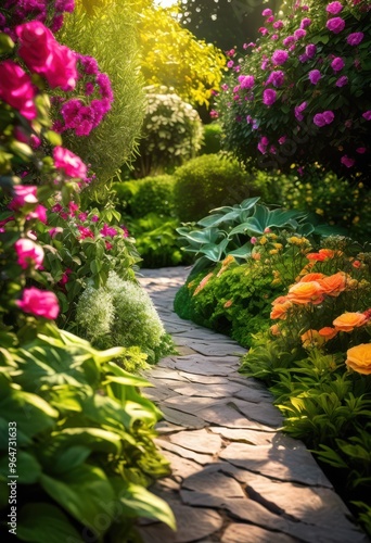 Wallpaper Mural vibrant garden pathways surrounded lush greenery creating tranquil outdoor escape colorful flowers flourishing plants, landscape, nature, beauty, scene Torontodigital.ca