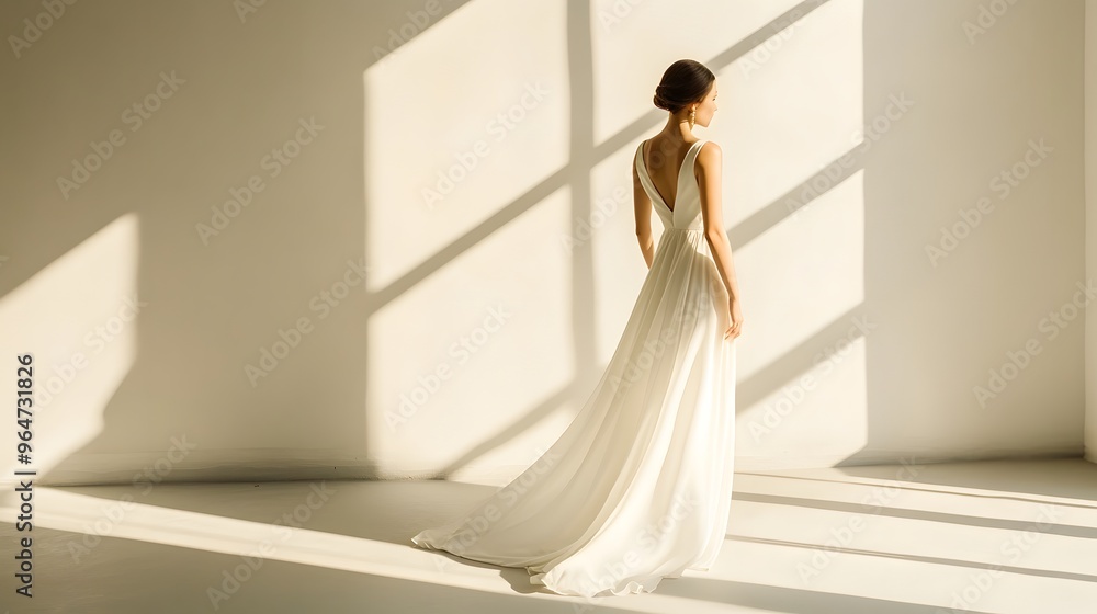 Elegant Woman in a Flowing White Dress: A woman in a flowing white dress standing in a minimalist room, with soft natural light.
Elegant Woman in a Flowing White Dress: A woman in a flowing white dress standing in a minimalist room, with soft natural light.