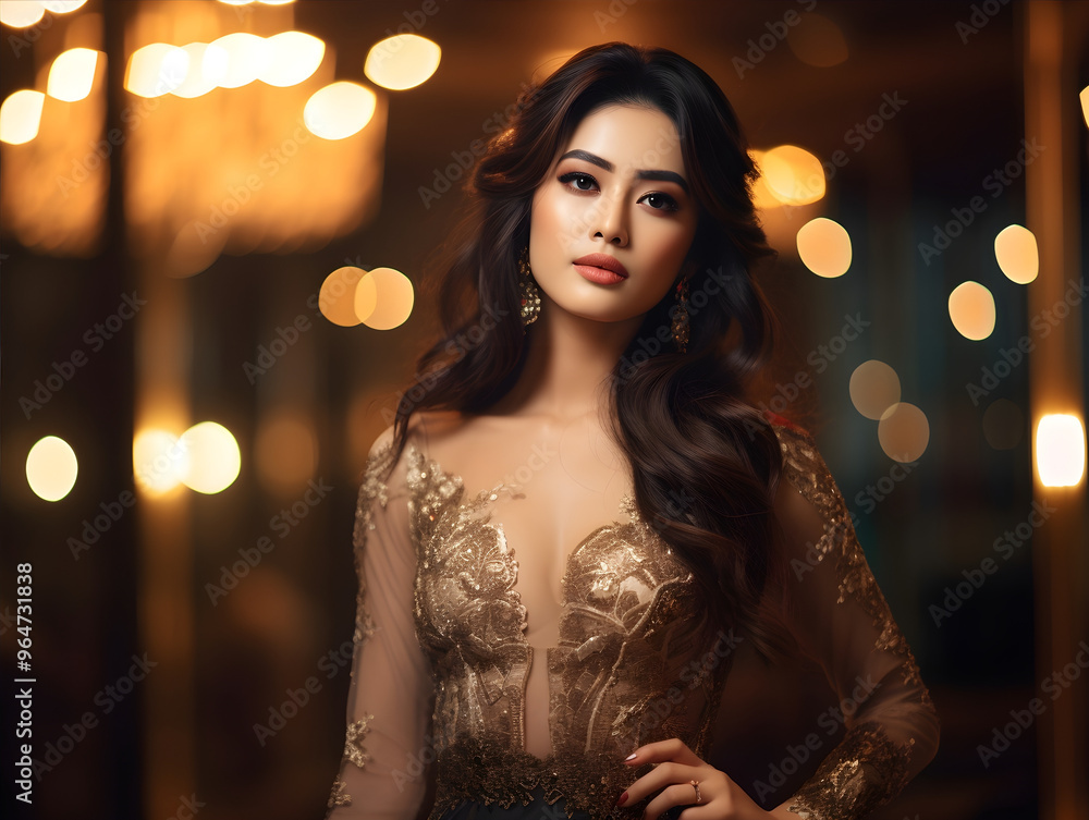 Fototapeta premium A woman in a sophisticated gold dress stands against an ornate background illuminated by soft lights, capturing an air of refinement, grace, and timeless beauty.