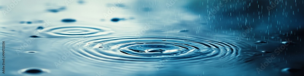 A blue raindrop is captured in a photo. The water droplet is surrounded by a circle of ripples, and the image conveys a sense of calm and tranquility A blue raindrop is captured in a photo. The water droplet is surrounded by a circle of ripples, and the image conveys a sense of calm and tranquility