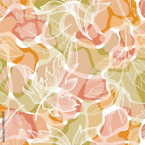 Floral leaves autumnal seamless pattern. Flowing organic shape foliage texture. Flourish nature garden drawing. Fall leaves Seasonal Nature background.