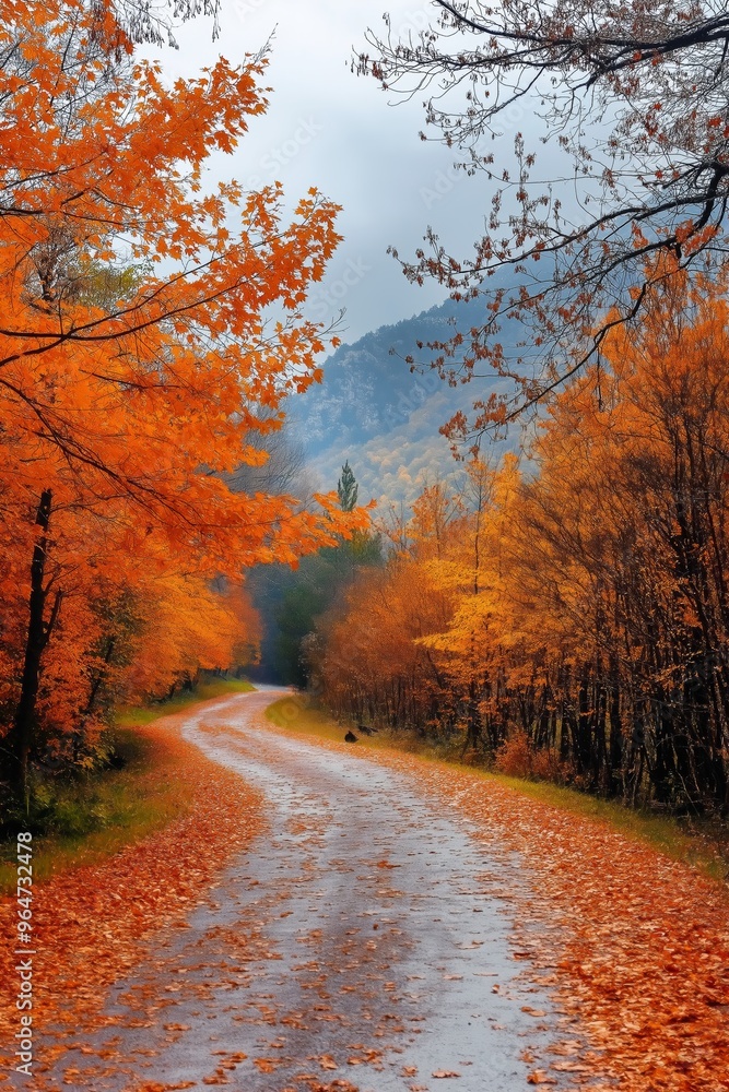 Fototapeta premium A road with trees on both sides and leaves on the ground. The leaves are orange and the sky is cloudy