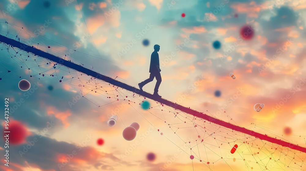 Silhouette of man walking on tightrope, bathed in vibrant colors, symbolizing the delicate balance between decisions and life’s complexities. Silhouette of man walking on tightrope, bathed in vibrant colors, symbolizing the delicate balance between decisions and life’s complexities.