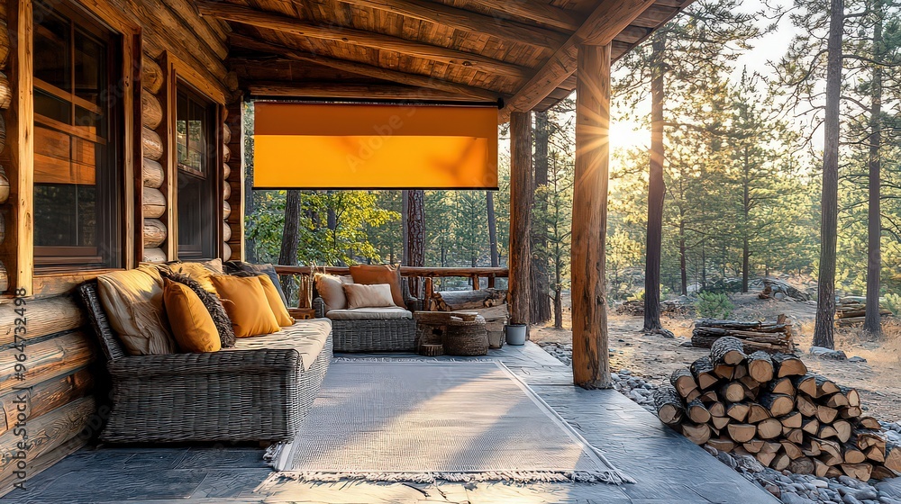 Cozy cabin with a shaded porch illuminated by golden sunlight. Roller shade adds comfort to the rustic atmosphere, all set against the peaceful backdrop of nature and forest views. Cozy cabin with a shaded porch illuminated by golden sunlight. Roller shade adds comfort to the rustic atmosphere, all set against the peaceful backdrop of nature and forest views.