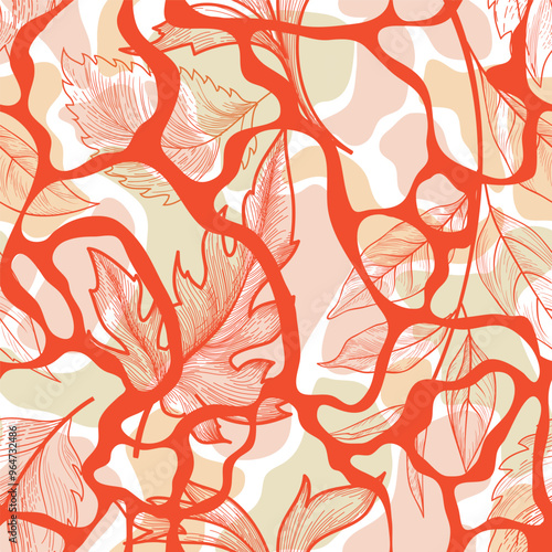 Floral leaves autumnal seamless pattern. Flowing organic shape foliage texture. Flourish nature garden drawing. Fall leaves Seasonal Nature background.