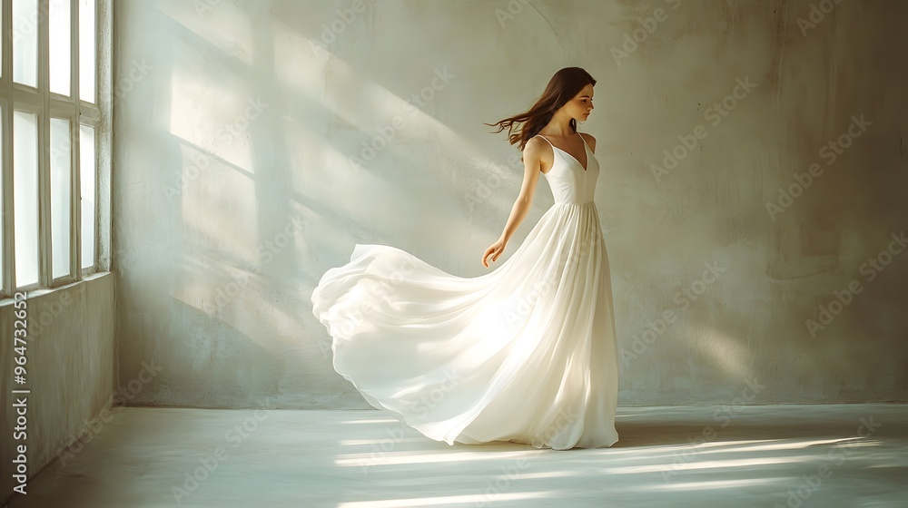 Elegant Woman in a Flowing White Dress: A woman in a flowing white dress standing in a minimalist room, with soft natural light.
Elegant Woman in a Flowing White Dress: A woman in a flowing white dress standing in a minimalist room, with soft natural light.