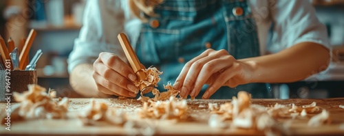 Craftsman skillfully shapes wood with tools, creating fine shavings, capturing the essence of woodworking and craftsmanship. photo