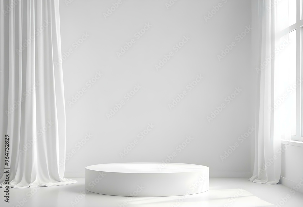 White glossy podium on a bright white background with soft shadows, adjacent to a side window with sheer curtains filtering soft natural light. White glossy podium on a bright white background with soft shadows, adjacent to a side window with sheer curtains filtering soft natural light.