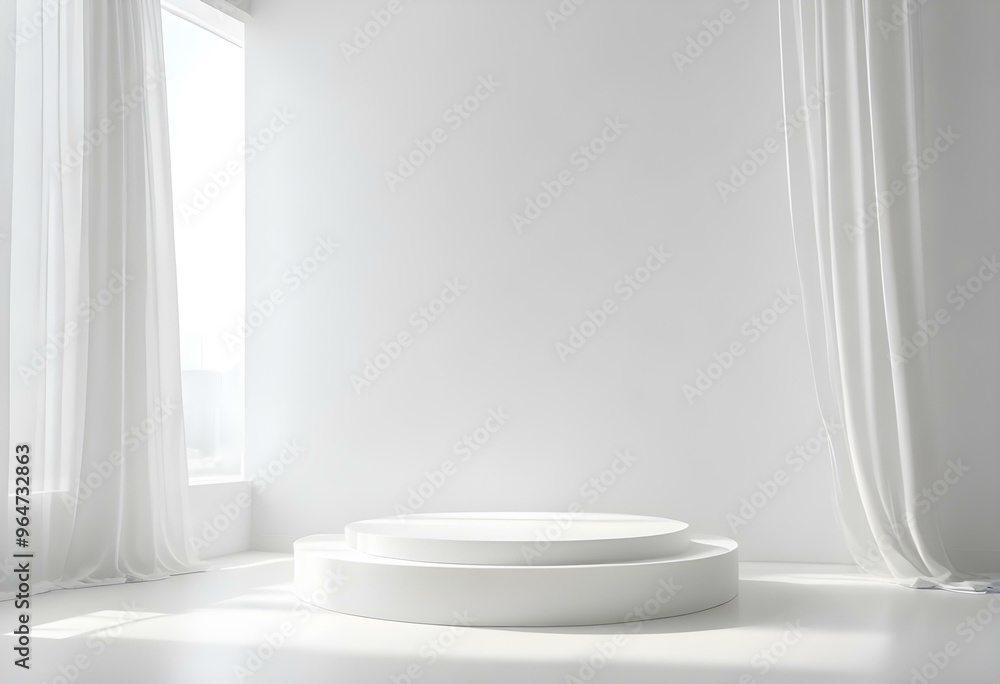 White glossy podium on a bright white background with soft shadows, adjacent to a side window with sheer curtains filtering soft natural light. White glossy podium on a bright white background with soft shadows, adjacent to a side window with sheer curtains filtering soft natural light.