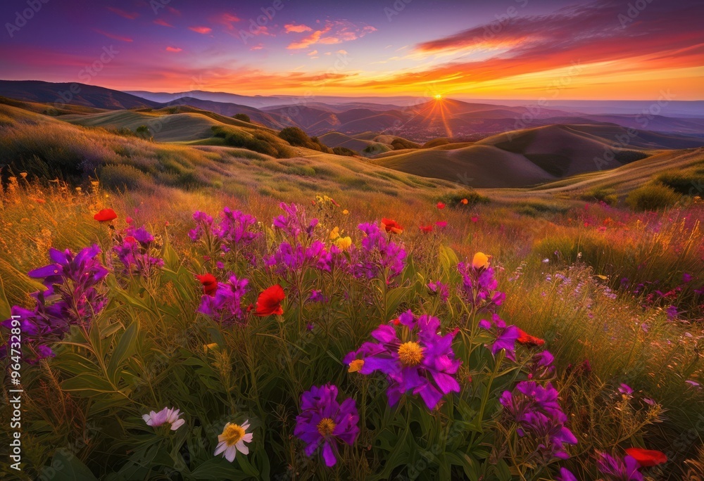 Fototapeta premium vibrant sunset illuminating rolling hills covered colorful wildflowers under clear sky, nature, landscape, scenery, clouds, light, evening, flora, meadow