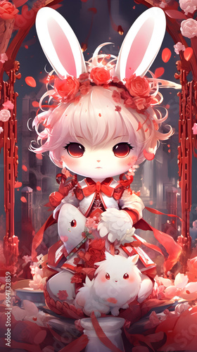 A fantasy-themed white rabbit dressed in intricate magical attire, standing among flowers and holding a glowing staff, evoking a sense of fairy tales and adventure. photo