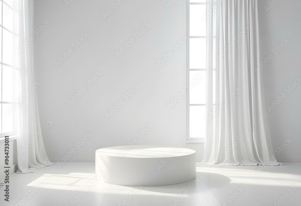 White glossy podium on a bright white background with soft shadows, adjacent to a side window with sheer curtains filtering soft natural light. White glossy podium on a bright white background with soft shadows, adjacent to a side window with sheer curtains filtering soft natural light.