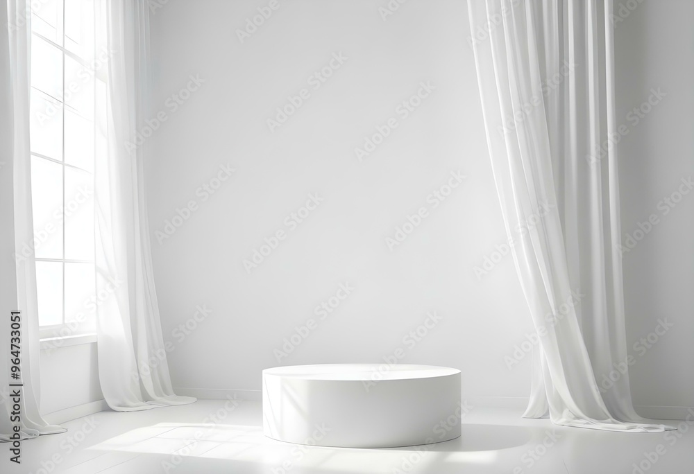 White glossy podium on a bright white background with soft shadows, adjacent to a side window with sheer curtains filtering soft natural light. White glossy podium on a bright white background with soft shadows, adjacent to a side window with sheer curtains filtering soft natural light.