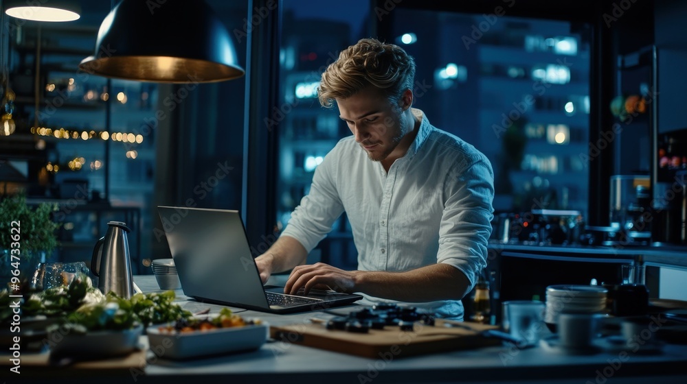 Influencer Marketing: Chef Influencer Working on Video Editing Behind-the-Scenes Laptop and Creative Setup. Social Media Food influencer Influencer Marketing: Chef Influencer Working on Video Editing Behind-the-Scenes Laptop and Creative Setup. Social Media Food influencer