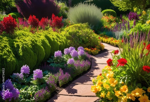 vibrant garden beds featuring diverse plant textures lush colorful varied foliage picturesque outdoor setting, plants, greenery, flowers, landscape, botanical