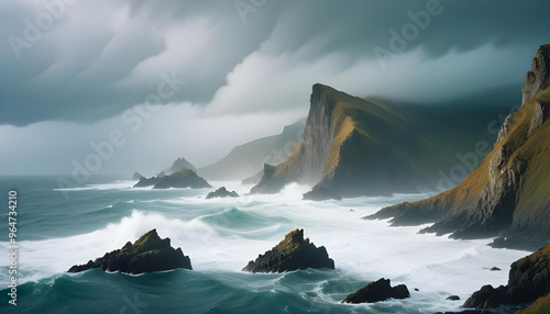 A dramatic landscape with rugged cliffs and mountains rising from a turbulent ocean, shrouded in mist and moody clouds