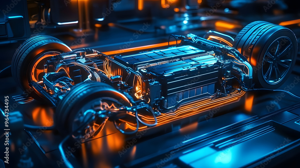 A vibrant blue tone depicts the power connections of an electric car lithium battery pack A vibrant blue tone depicts the power connections of an electric car lithium battery pack