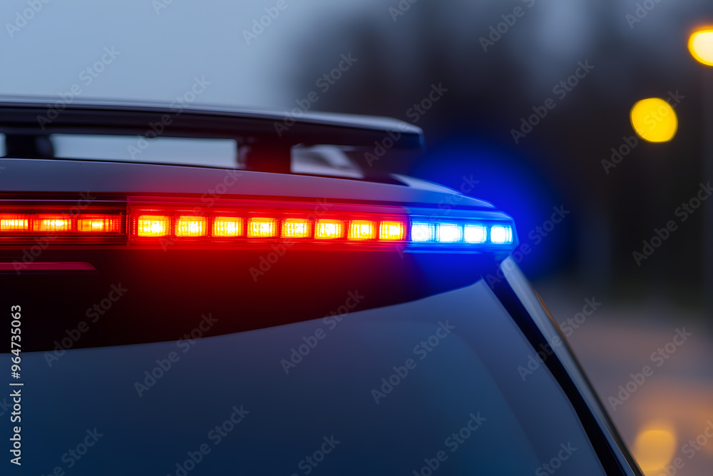 Blue and Red Lights on a Police Car’s Roof Bar | Emergency Response and Law Enforcement in Action Blue and Red Lights on a Police Car’s Roof Bar | Emergency Response and Law Enforcement in Action