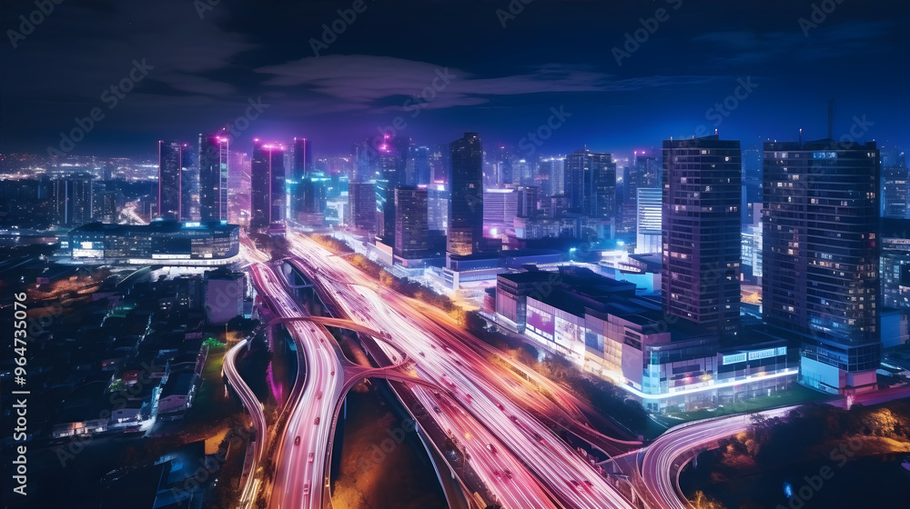 Obraz premium Fast-moving traffic lights paint vibrant streaks across a bustling urban environment at night, portraying the dynamic and energetic rhythm of a major city in its full splendor.